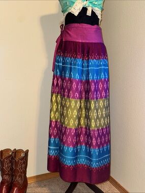 Ikat-Striped Maxi Wrap Skirt - Pink, Blue & Green